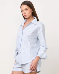 MONROW Stripe Poplin Oversized Shirt BLUE/YELLOWSTRIPES New